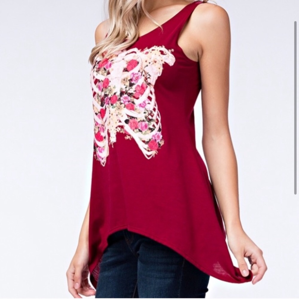 Deep Red Sleeveless Top with Ribcage and Flowers - Picture 2 of 3